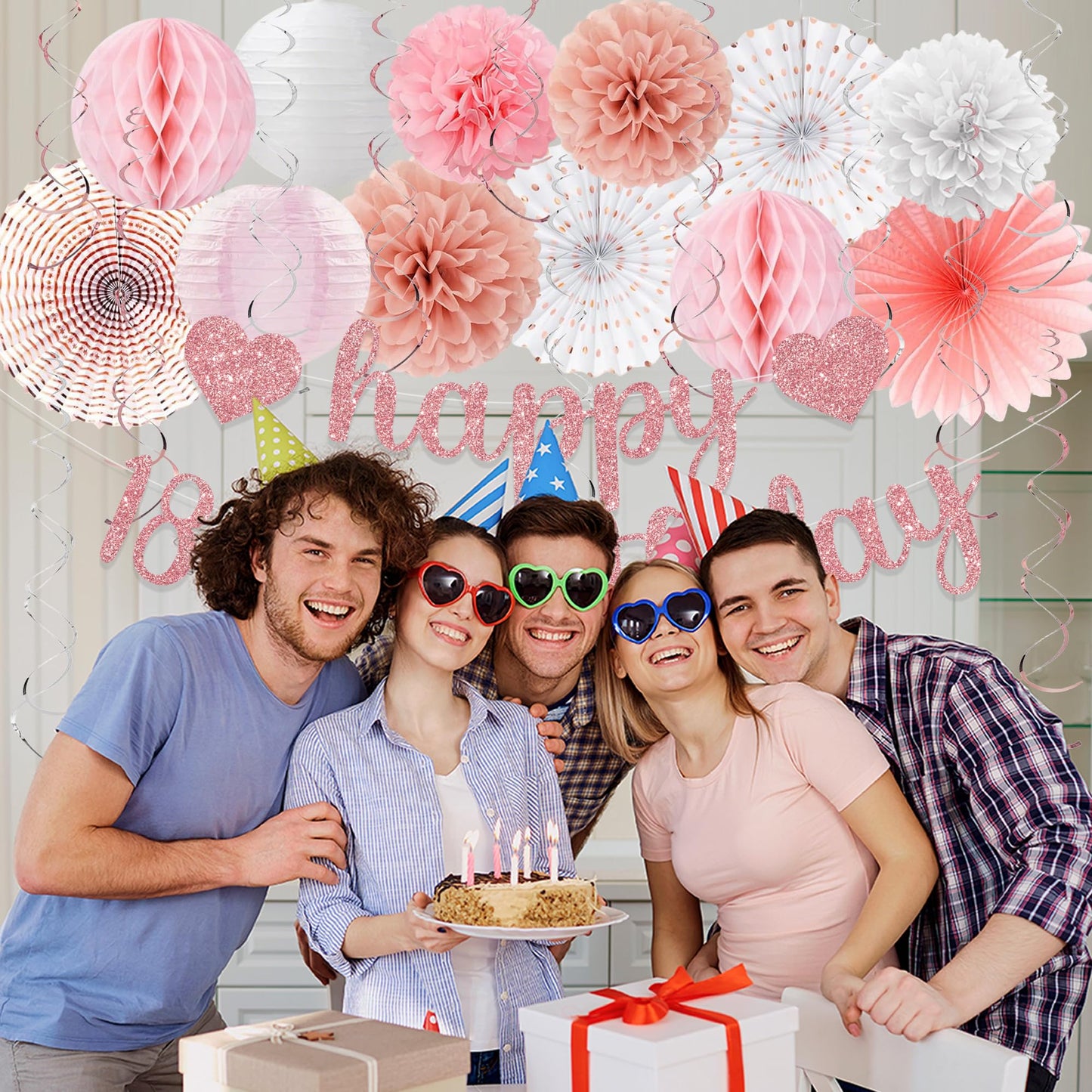 Vlipoeasn Pink White Rose Gold 18th Birthday Decorations, 18th Birthday Paper Lanterns, Tissue Pom Poms Fan,Honeycomb Ball, Happy 18 Year Old Party Supplies for Girls