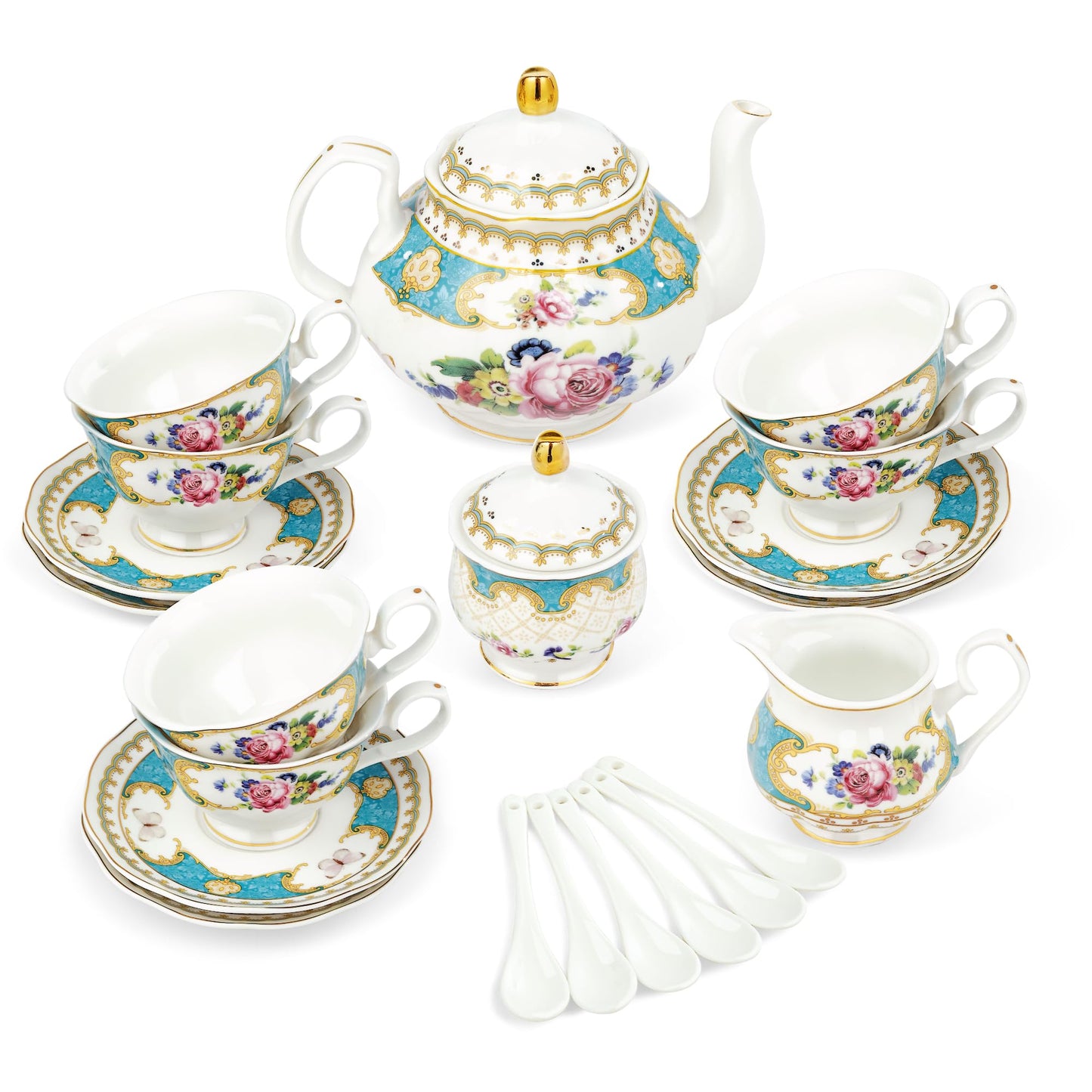 fanquare 21 Piece Floral Porcelain Tea Set, British Tea Cup and Saucer Set for 6, Tea Party Set for Women, Blue Roses