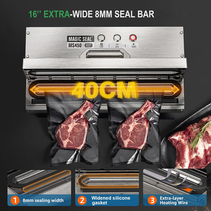 MAGIC SEAL 16'' Commercial Vacuum Sealer - All 304 Stainless Steel Constructed Automatic Vacuum Packaging Machine for Food Storage, 95kPa 400W, Easy-lock Handle, 450 Continuous Seals -MS450