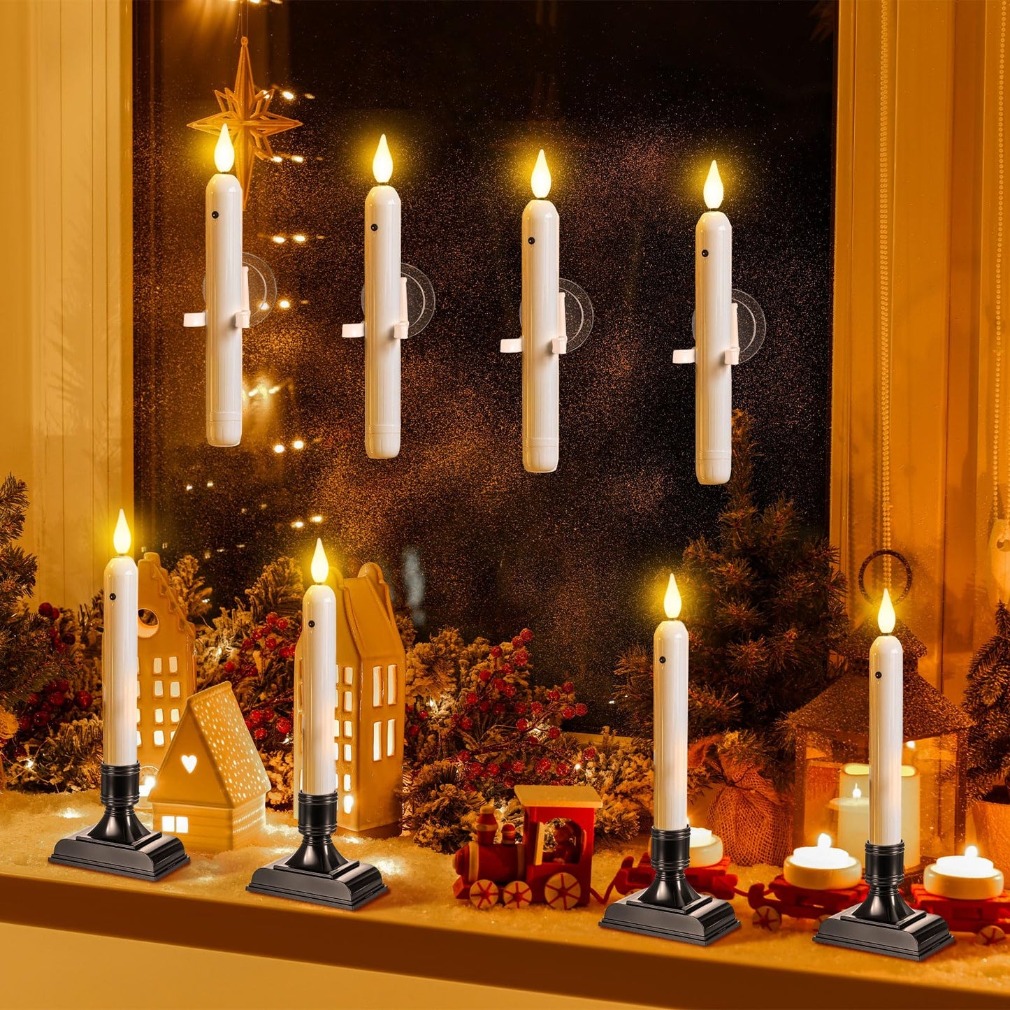 Yungyan 12 Sets Window Candles with Sensor Dusk to Dawn Christmas Window Lights with Suction Cups Battery Operated LED Candlesticks Bulk Flameless Taper Candles for Xmas Holiday Decor (Classic Style)