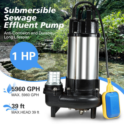 NLIEOPDA 1HP Sewage Grinder Sump Pump, Submersible Effluent Pumps 110V 6400 GPH Auto Float Switch, Cast Iron, 2'' NPT Discharge for Basement, Sump Basin, Residential Sewage