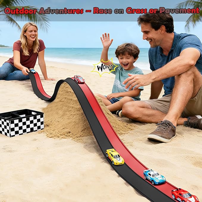 Flexible Race Track 15 Ft Starter Set Flex Tracks for Kids 3+ with Strong Suction Cups Flexible Car Race Ramp Track Compatible with Hot Wheels and Diecast 1/64 Cars Portable Rolls Up Race Tracks
