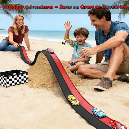 Flexible Race Track 15 Ft Starter Set Flex Tracks for Kids 3+ with Strong Suction Cups Flexible Car Race Ramp Track Compatible with Hot Wheels and Diecast 1/64 Cars Portable Rolls Up Race Tracks