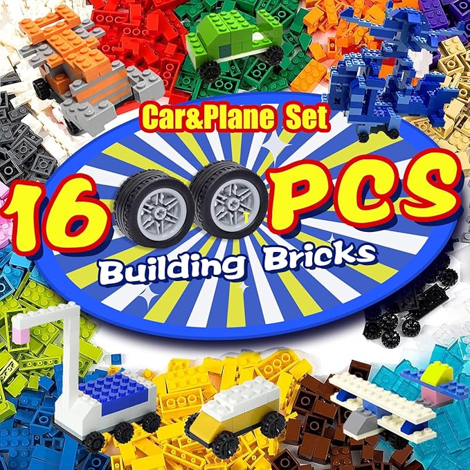 1600 Pieces Building Bricks with 32 Wheel Building Blocks Set Classic Bulk Blocks Set Creative Toy DIY Cars Planes Tanks Compatible with All Major Brands 14 Shape/18 Color