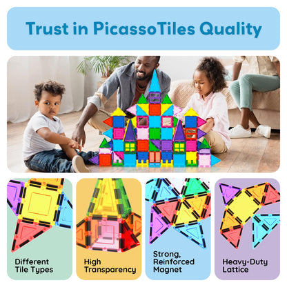 PicassoTiles 101 PCs Magnetic Tiles Building Blocks with Car & Drawstring Carry Bag Toy Storage Magnet Block for Toddlers Kids STEM Toy Set Educational Tile Learning Brain Development Ages 3+ PC101
