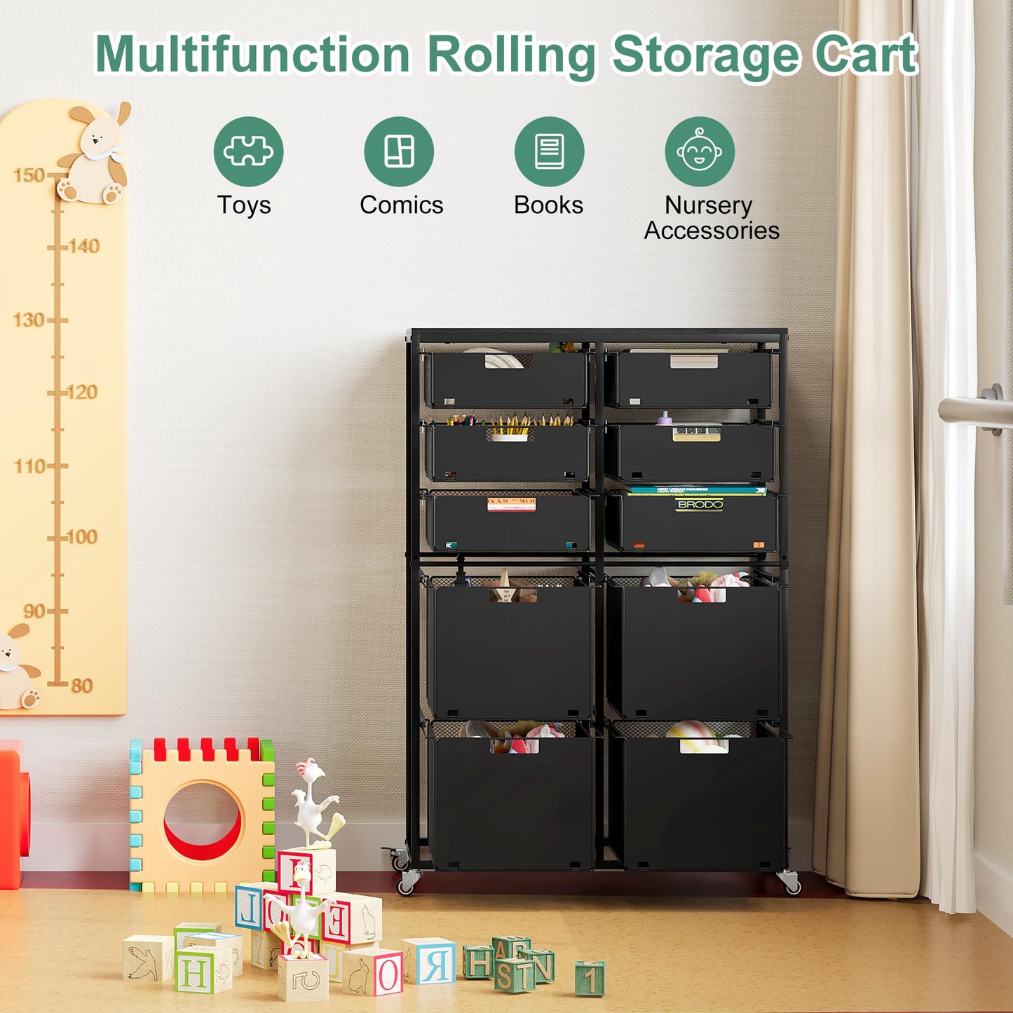 EasyPAG Rolling Storage Cart With 10 Drawers, Metal Craft Organizers And Storage Cart With Wood Tabletop, 30 Lbs Capacity Per Drawer For Home Office Classroom And Dorm, Black