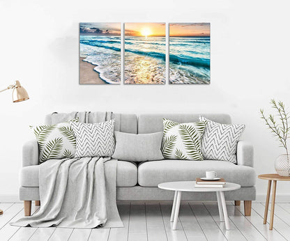 TutuBeer 3 Panel Canvas Wall Art for Home Decor Blue Sea Sunset White Beach Painting the Picture Print on Canvas Seascape the Pictures For Home Decor Decoration,Ready to Hang