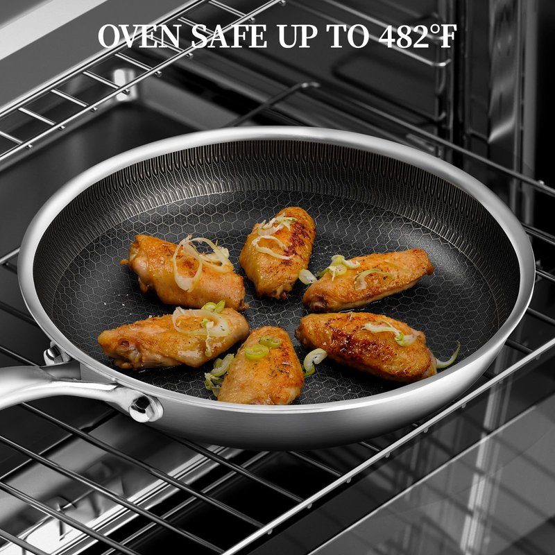 CADIVIZZO Stainless Steel Frying Pan with Lid - 9.5 Inch Nonstick Frying Pan with Lid, Honeycomb Stainless Steel Skillet Omelet Chef's Pan with Stay Cool Handle, Induction Compatible, PFOA Free