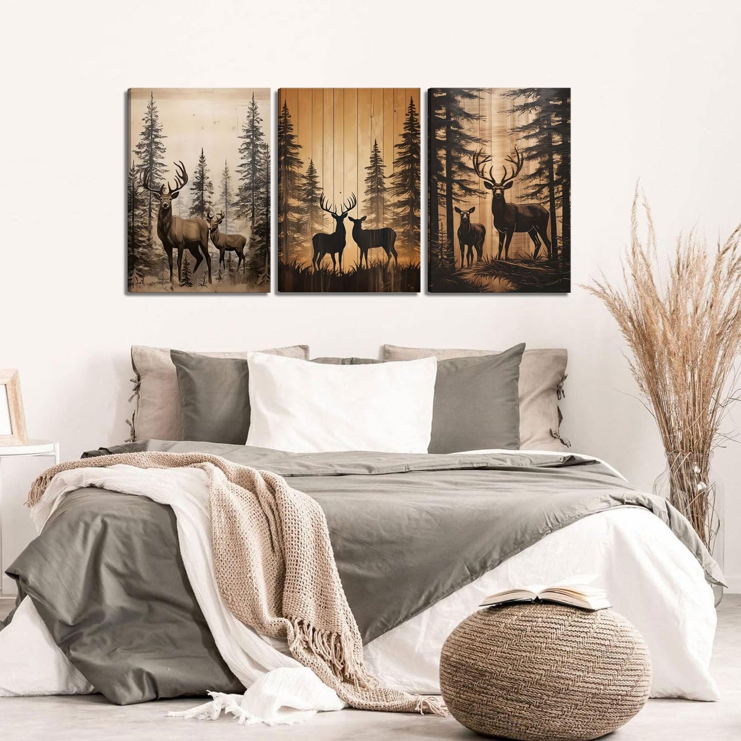 3Pcs Forest Elk Canvas Wall Art Country Farmhouse Wall Decor Picture Woodland Animal Poster Print for Living Room Bedroom Farmhouse Ranch Home Decor Ready to Hang