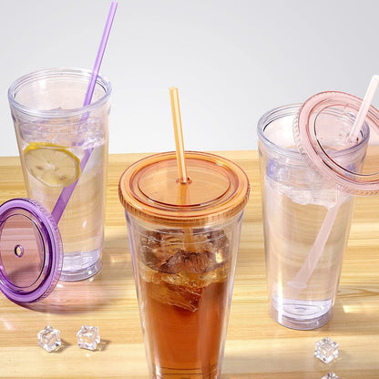 Luxfuel 32 oz Acrylic Tumblers with Lid & Straws, Double-Walled Insulated Clear Plastic Drink Cup, BPA-Free, Reusable Iced Coffee Cups for Parties, Birthdays, Graduation, Fits Car Cup Holders - 4 Pack