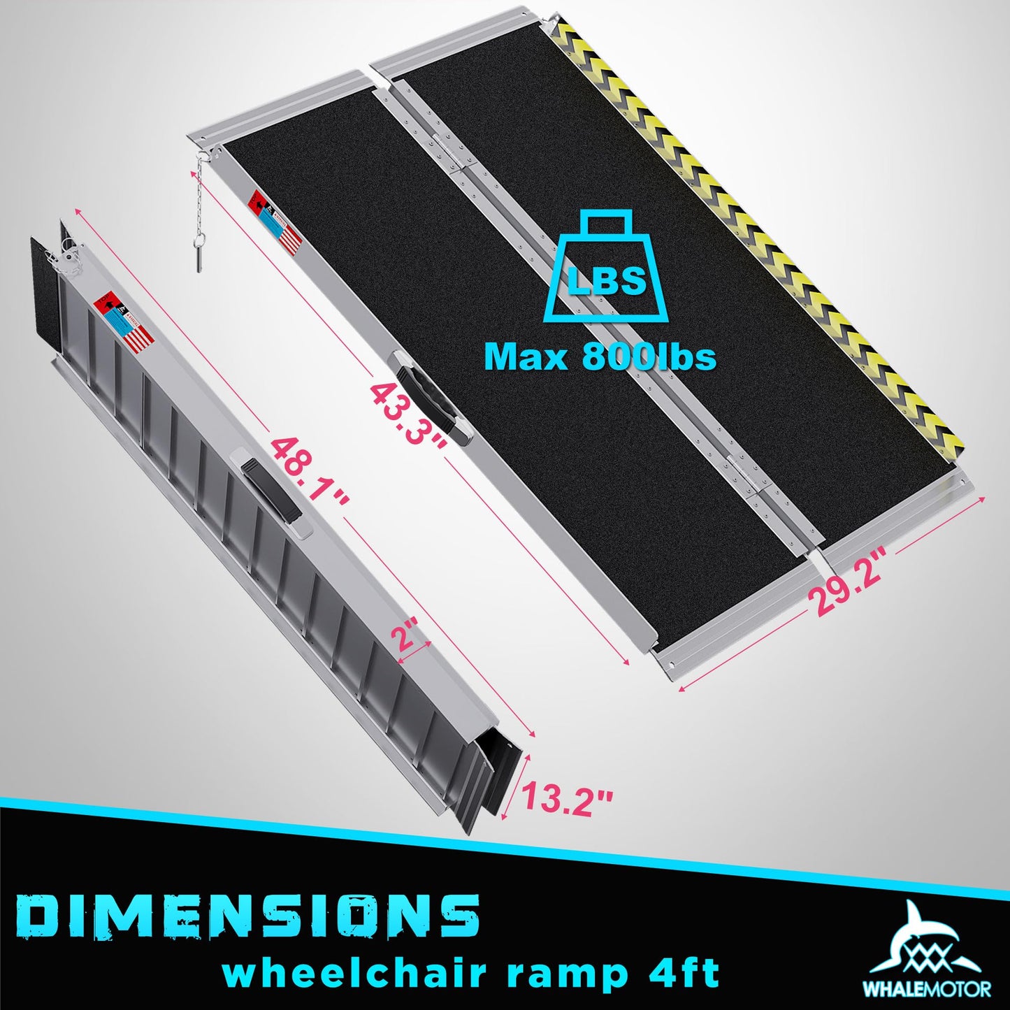 WHALEMOTOR Portable Wheelchair Ramp 4FT, Anti-Slip Aluminum Folding Portable Ramp, Wheelchair Ramps for Home, Weight Capacity Up to 800 LBS, with Transition Plates Above and Below, Loading Dock Plates