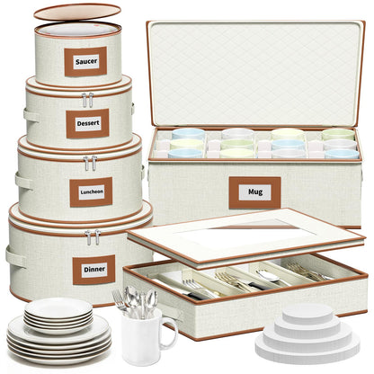 Aokeyee 6-Piece China Storage Containers Set, Hard Shell Moving Boxes for Dishes, Plates, Mugs & Flatware – Dinnerware Organizer with Soft Felt Dividers, Sturdy Handles & Zippers, Ivory