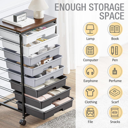 Rolling Storage Cart with 8 Drawers, Utility Cart on Wheels with Wooden Tabletop, Utility Cart for Teacher Storage, Office Organizer, Classroom Storage Cart, Craft Storage, Grey