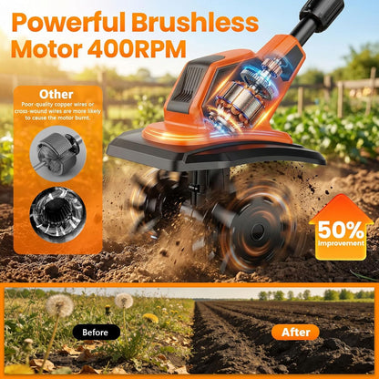 20V Cordlees Tiller Cultivator for Gardening, 400RPM Brushless Electric Garden Tiller Battery Powered((2*3.0Ah Battery&Charger), 9.5"Width 7"Depth, Garden Rototiller for Yard/Lawn/Soil Tiller (Orange)