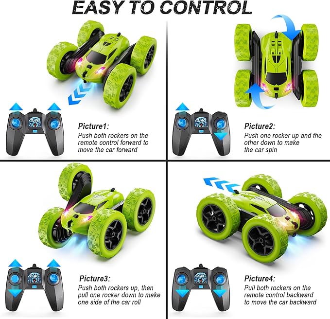 Remote Control Car for Kids Ages 6+ RC Cars Stunt Car Toy 4WD Double Sided 360° Rotating Remote Control with Headlights Birthday Xmas Gifts for Boys 6 7 8 9 10 11 12 Green