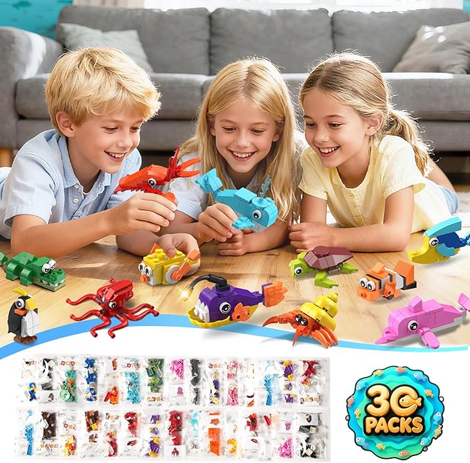 30 Pack Animals Easter Party Favors For Kids 824PCS Marine Animal Building Block Sets for Easter Basket Fillers Goodie Bags Stuffer Classroom Prizes Stocking Stuffers Birthday Gifts for Boys Girls 6+
