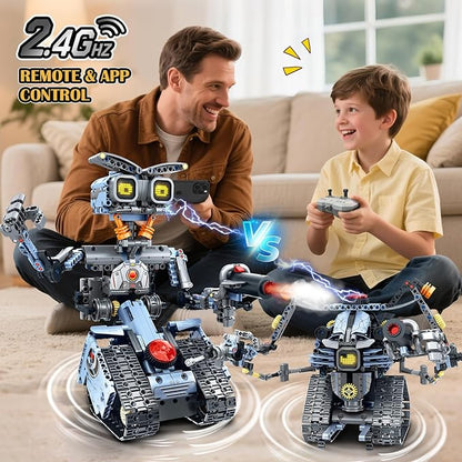 Changeable LED Eyes Robot Building Set- 5 in 1 Remote &amp App-Controlled Robotic Building Block RC Elephant/Bulldozer/Tank/Tracked Model Kit Toys Gift for Kids Boys Girls Teens Age 12+ Years Old