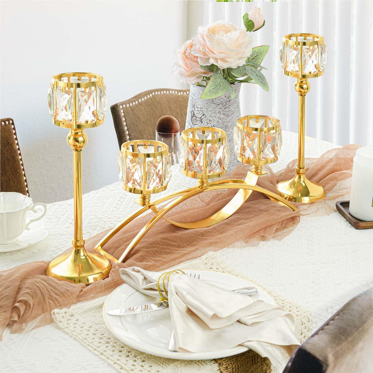 3 Arms Crystal Bowl Tealight Candelabra Votive Candle Stand, Wedding centerpieces for Tables Crystal Candlestick，Centerpiece Table Decorations (Set of 3 Pure Gold)