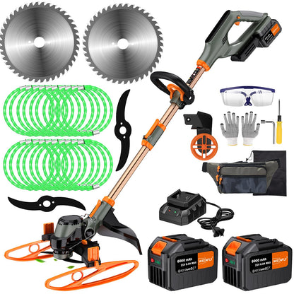 WeGofly 14" Electric Weed Wacker, 4 in 1 Cordless String Trimmer/Lawn Edger/Lawn Mower/Brush Cutter with Steel Gears, 2×21V 6.0Ah Batteries & Charger, Lightweight Grass Trimmer for Yard Garden