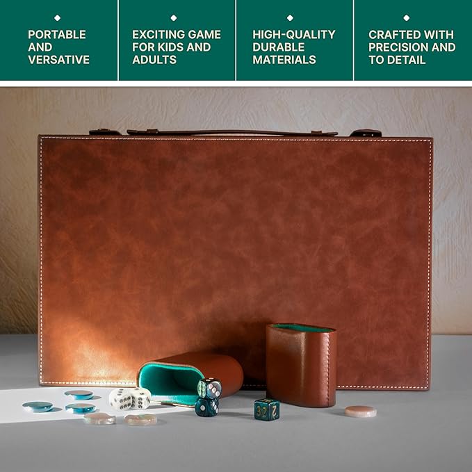 Premium 15 Inch Backgammon Set for Adults – Classic Faux Suede Leather Backgammon Board with 32 Chips Dice Cups &amp Doubling Cube