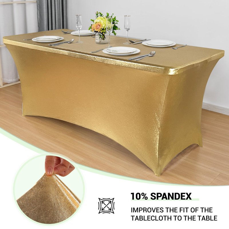Obstal 6ft Stretch Spandex Table Cover for Standard Folding Tables - Universal Rectangular Fitted Tablecloth Protector for Wedding, Banquet, Party Stamping Gold, 72 Length x 30 Width x 30 Height Inch