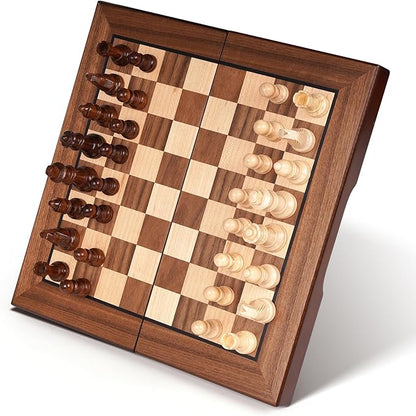 2 in 1 Magnetic Wooden Chess and Checkers Board Game Set 12 Folding Chess Boards Portable Travel Chess Sets with Pieces Storage Slots Beginner Chess Game Set for Kids and Adults
