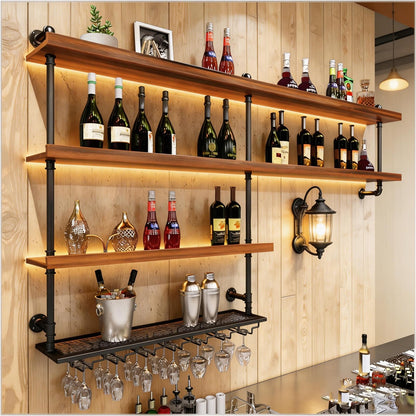 Solid Wood Wall Mounted Wine Rack, Large Wine Rack with LED Light, 4 Tiers Liquor Bottles Floating Shelves with Glass Holder, Industrial Bar Shelves for Home Bar Dining Room(78.7 in/ 200CM)