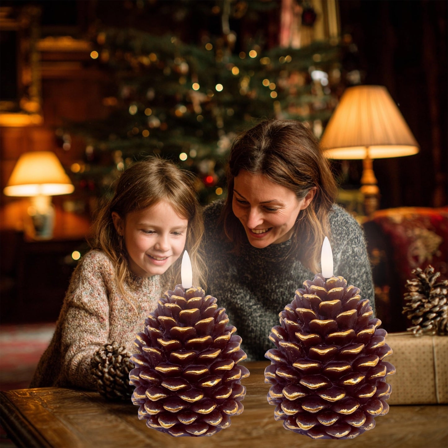 AXYLEX Pine Cone Candles Battery Operated, Pinecones with Remote and Timer, LED Flameless Real Wax Flickering Candle for Christmas Decor. H 5.5 Inch, Pack of 2 (Golden-Brown)