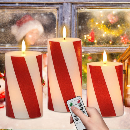 Wondise Christmas Red Stripes Glitter Flickering Flameless Candles with Remote Timer, Battery Operated Pillar Candles Real Wax LED Candles for Home Christmas Decoration Gift(D3 x H4 x5 x6)