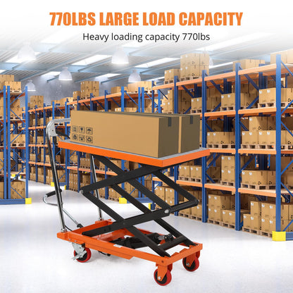 EliteEdge Hydraulic Scissor Lift Table, 770LBS Capacity Industrial Lift Cart with Anti-Slip Platform, Adjustable Mobile Elevating Workbench 12-59 inch, 4 Wheels, Orange
