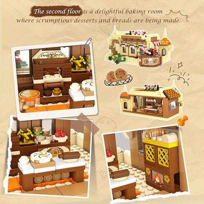 City Bakery Cafe House Building Set with Light 1289 PCS Baking Shop Building Block Toy with Coffee Cake Bread Bakery Room Pastry Construction Model for Adults Teens Kids Boys Girls Ages 8-12+
