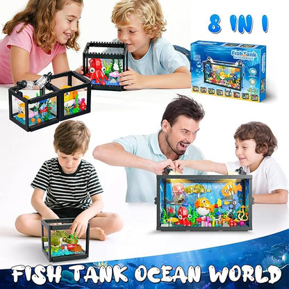 8 in 1 Aquarium Building Sets with Light Compatible with Lego Fish Tank Building Kits Including Sharks Turtles Octopus Sea Animal Party Favor Toys for Boys Girls Kids Aged 8-12 640PCS