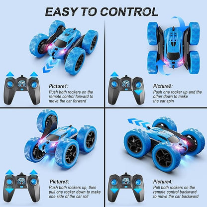 Remote Control Car RC Cars Toys for Kids Ages 6-12 4WD Stunt Car with LED Lights &amp 360° Flips 2.4GHz Upgraded USB-C Modular Batteries 8-10 Year Old Boys Birthday Gift 1-Blue