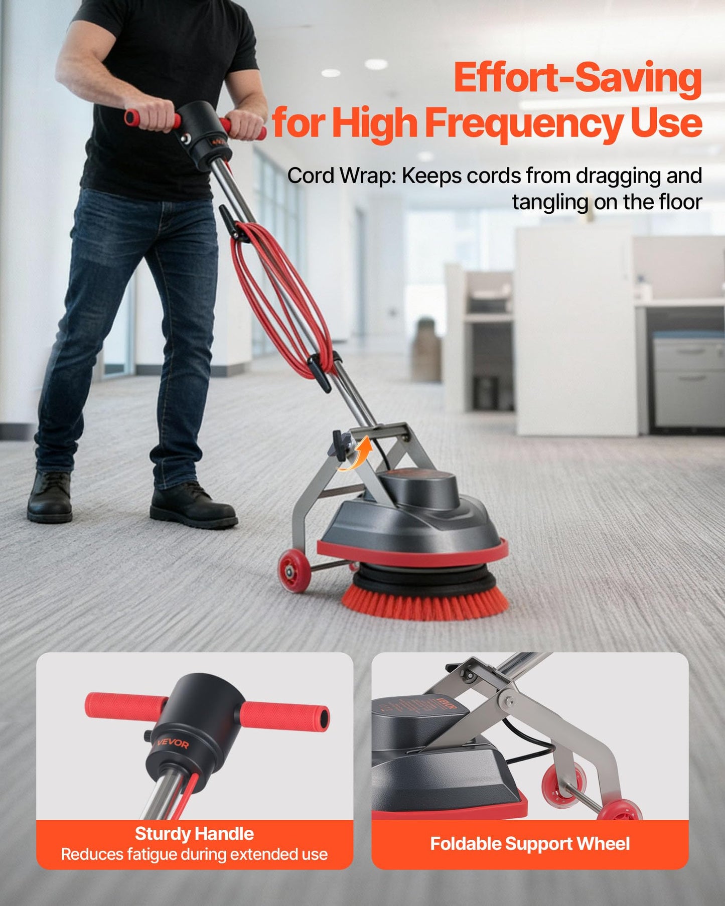 VEVOR Commercial Floor Scrubber Machine, Heavy Duty Floor Cleaner Polisher with 2 Wheels, Professional Electric Carpet Buffer, Max 1900 RPM, 43 FT Cord, 3 Pads & 3 Brushes - All Floor Surfaces