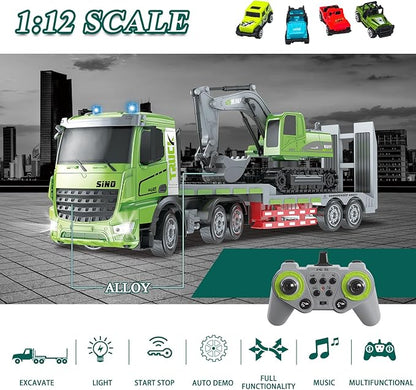 Fistone RC Semi-Trailer Truck &amp Excavator Toy Set 1:12 Scale with Sound and Lights 11CH 2.4Ghz Remote Control Flatbed Truck and Excavator Toys Great Gift for Kids Boys