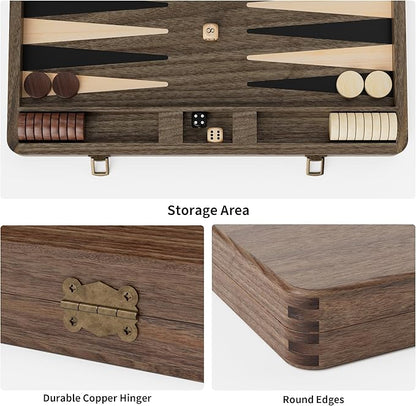 Luxury Walnut Backgammon Set - Wood Board with Travel Case Doubling Cube