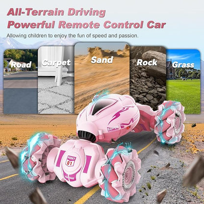Pink RC Car Toys for Girls Aged 6-12 Gesture Sensing RC Stunt Cars with Lights Music for Girl Birthday Xmas Gifts 2.4GHz 4WD Pink Remote Control Toy Double-Side Flip 360° All-Round Rotation