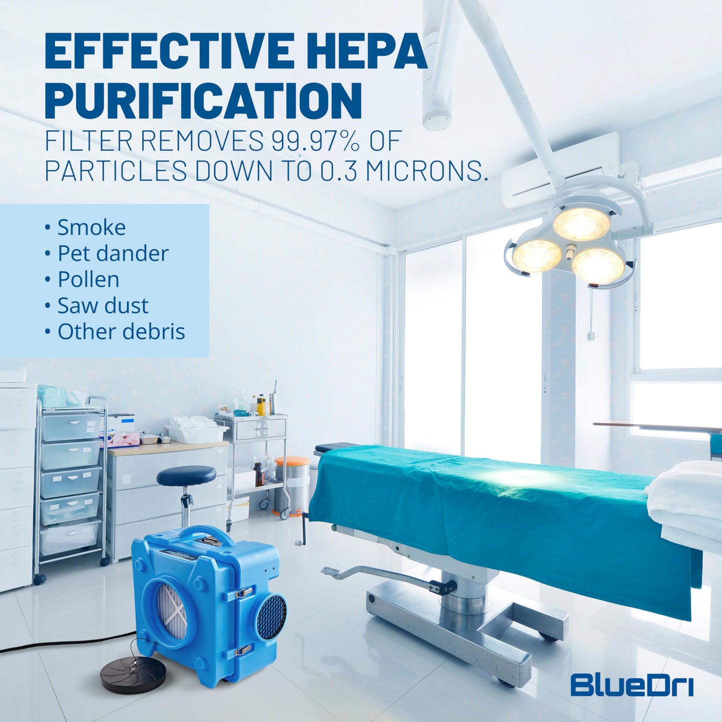 BlueDri Air Shield 550 HEPA Air Scrubber, Water Damage Restoration Equipment Air Purifier, Covers 1400 Sq. Ft, Daisy Chain Capable, For Commercial Use, Blue, BD-AS-550