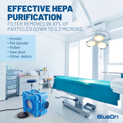 BlueDri Air Shield 550 HEPA Air Scrubber, Water Damage Restoration Equipment Air Purifier, Covers 1400 Sq. Ft, Daisy Chain Capable, For Commercial Use, Blue, BD-AS-550