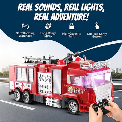 Liberty Imports RC Rescue Fire Engine Toy Truck Radio Control Electric R/C Fire Truck with Lights Sound Working Water Cannon Pump Shoots and Squirts Water Toys for Kids