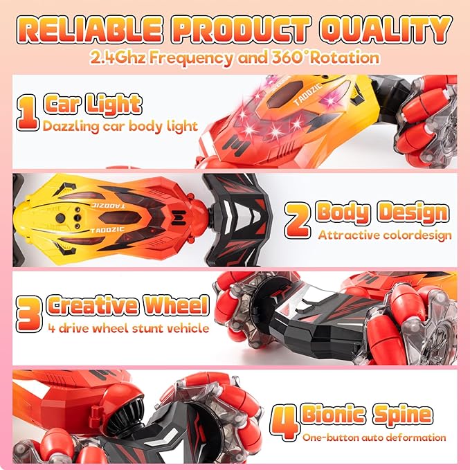 Gesture Sensing RC Stunt Car 2.4GHz 4WD Stunt Car Toys for Ages 6-12 yr Boys Girls Hand Controlled Remote Control Twist Cars Offroad 360° Rotation with Lights and Music for Birthday Gifts