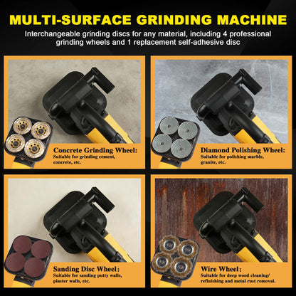 PeiXWming 4-Head Concrete Grinder Set with Long Handle, 4" Concrete Floor Grinder 3800W 0-6000RPM Concrete Surface Planer Dust Extraction Shroud Auxiliary Wheels for Grinding Concrete Cement Marble