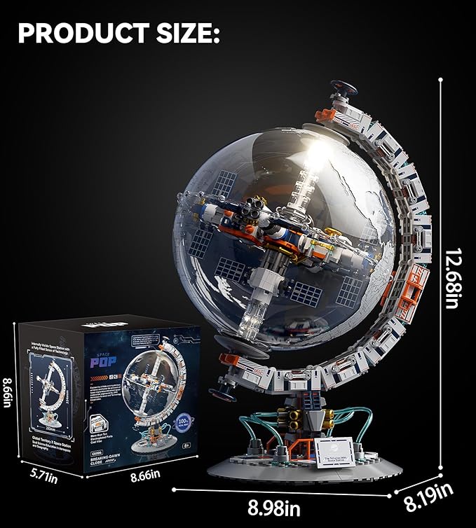 Space Station Globe Building Set for Adults 360° Rotatable STEM Toys with Dual Illumination Modes Compatible with Lego Hobby Gifts for Adults/Teens Home Decor