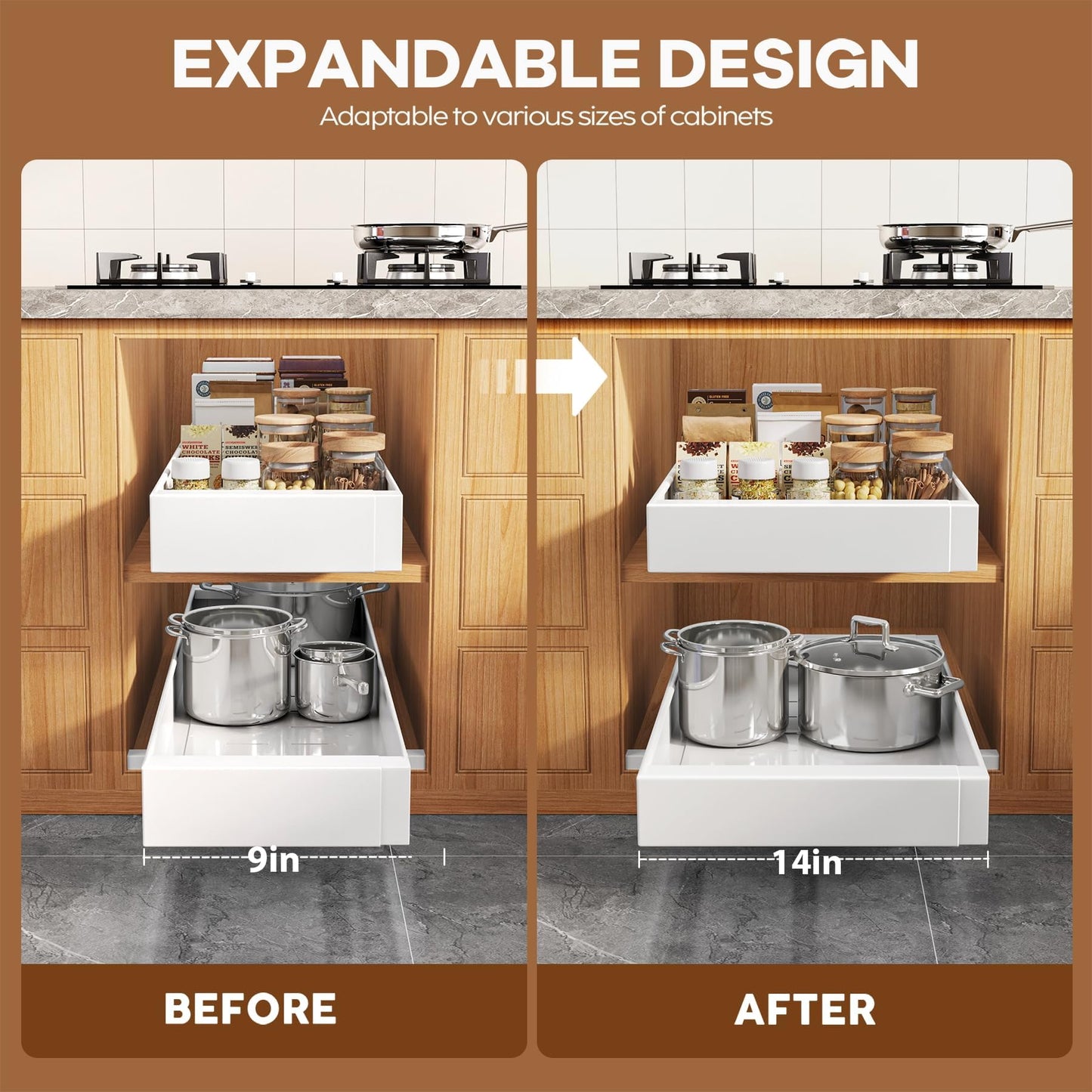 Seinloes 4 Pack Expandable (9"-14") Pull Out Cabinet Organizer 21" Deep With Raising Pad for Framed Cabinets,Upgrade 3 Slide Rails Slide Out Drawers,No Drill Roll Out Shelves Adhesive,White