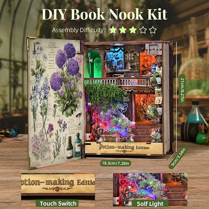 Book Nook Kit DIY Miniature Dollhouse Booknook Kit 3D Wooden Puzzle for Teens and Adults Bookend Bookshelf Insert Decor with LED Light (Potion-Making Edition)