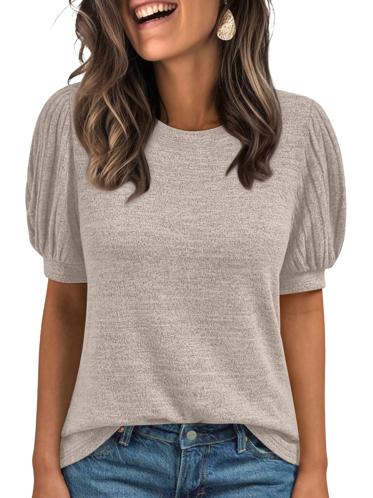 AUTOMET Womens Summer Tops Dressy Casual Blouses Business Short Sleeve Shirt 2025 Cute Trendy Sweater Khaki M