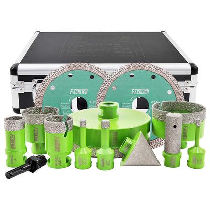 FACHLICH Tile Hole Saw Kit Diamond - (6/8/10/25/35/50/75/127mm Drill Bits+Finger Bit+Chamfer Bit+Adapter+Tile Blade) Diamond Hole Saw Kit for Porcelain Ceramic Marble Brick Granite,5/8"-11 Thread