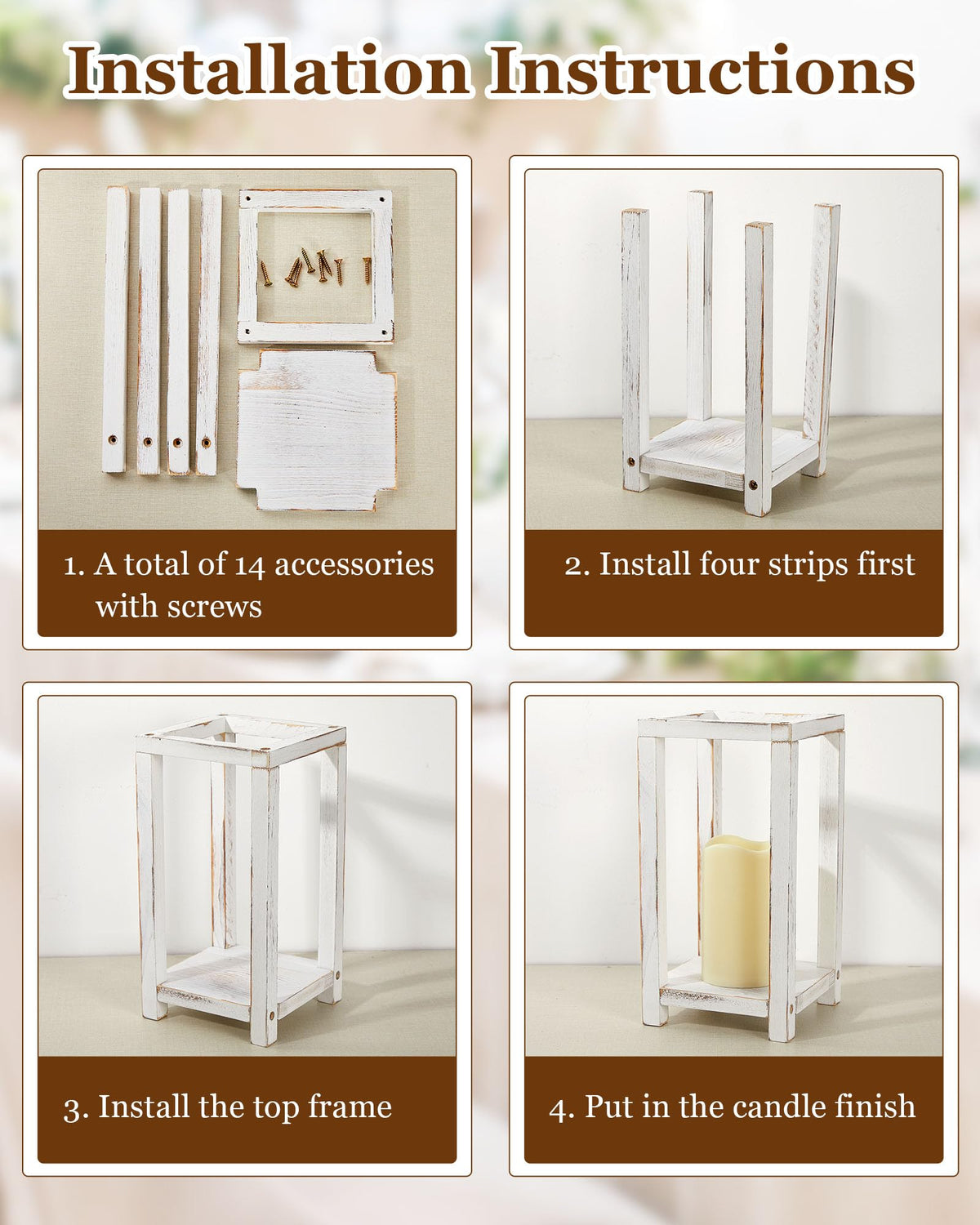 Huquary 8 Pcs Wooden Wedding Lantern Centerpiece for Table Decoration Includes 4 Farmhouse Candle Holder and 4 Flameless Decorative LED Candles for Rustic Home Wedding Decor(White)