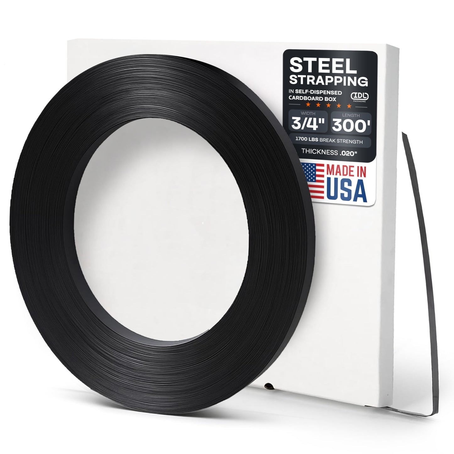 IDL Packaging 3/4" x .020" x 300' Steel Strapping Coil (1700 Lbs Break Strength) in Self-Dispensed Сardboard Box - Portable Strong Banding with Superior Cut-Resistance - Heavy Pallet Strapping