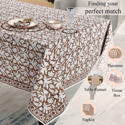 Ridhi Oak Brown Hand Block Print Cotton Rectangle Tablecloth 102" x 48" inches Reusable Table Cover Decorative Everyday Use for Dining Room, Farmhouse, Home Gift for Spring, Mother's Day